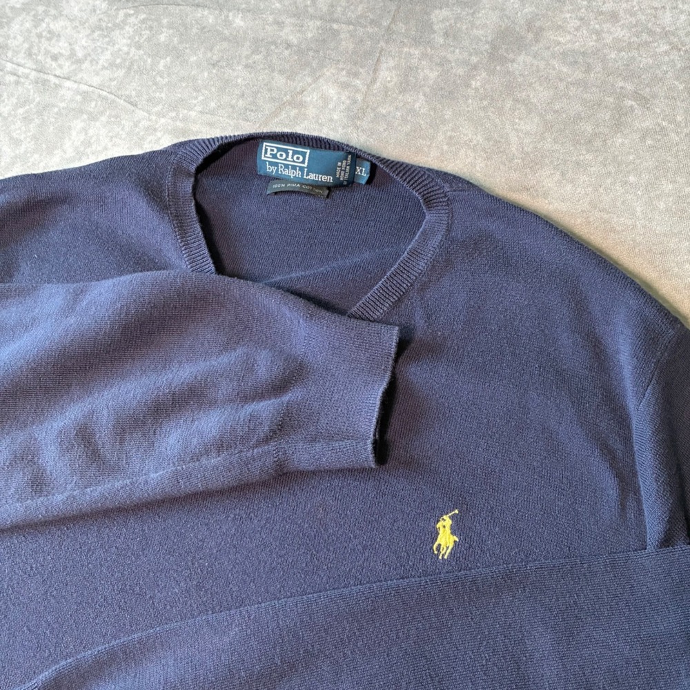 Vintage Polo Ralph Lauren  Navy Blue Pima Cotton V-Neck Sweater XL Yellow Pony
